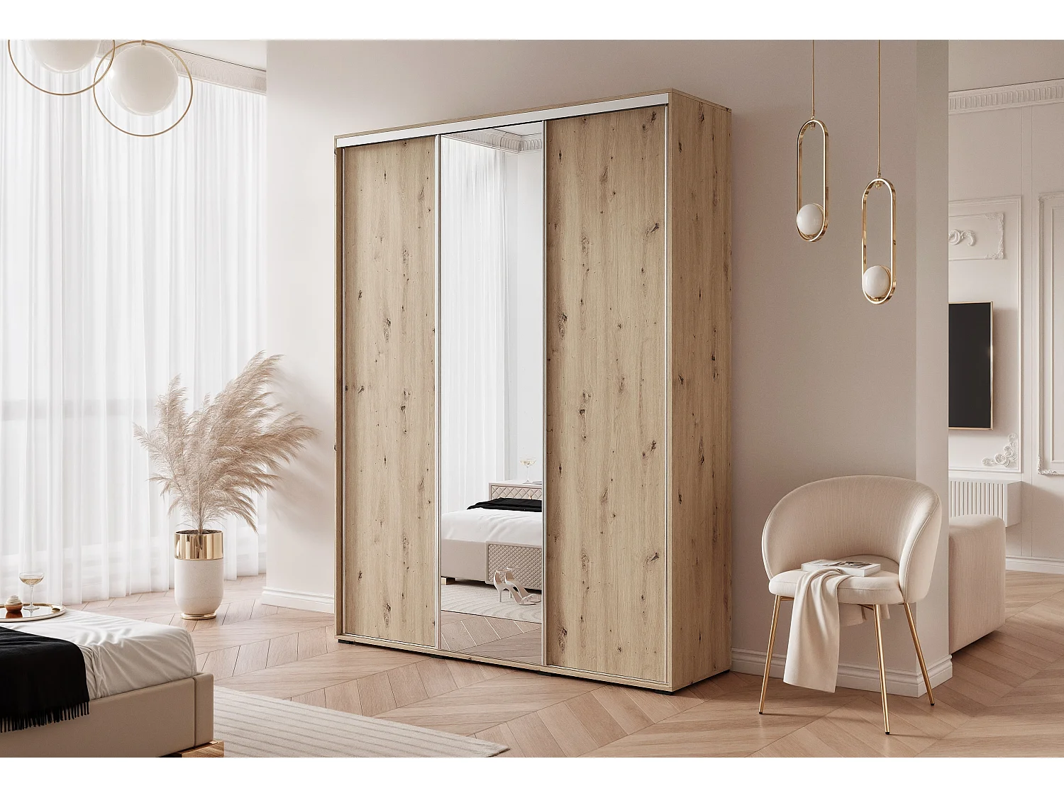 Armoire RAVEN 180 cm Chêne Artisan avec Miroir et détails argentés