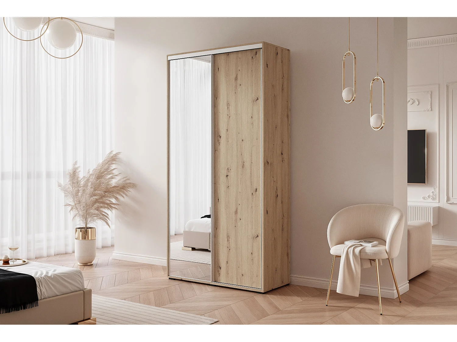 Armoire RAVEN 100 cm Chêne Artisan avec Miroir et détails argentés