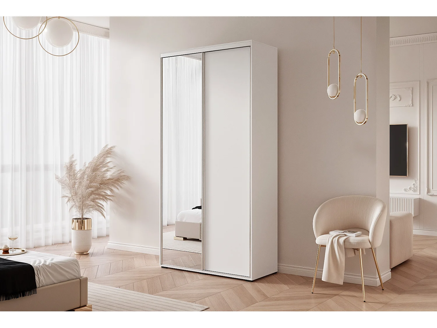 Armoire RAVEN 120 cm Blanc avec Miroir et détails argentés