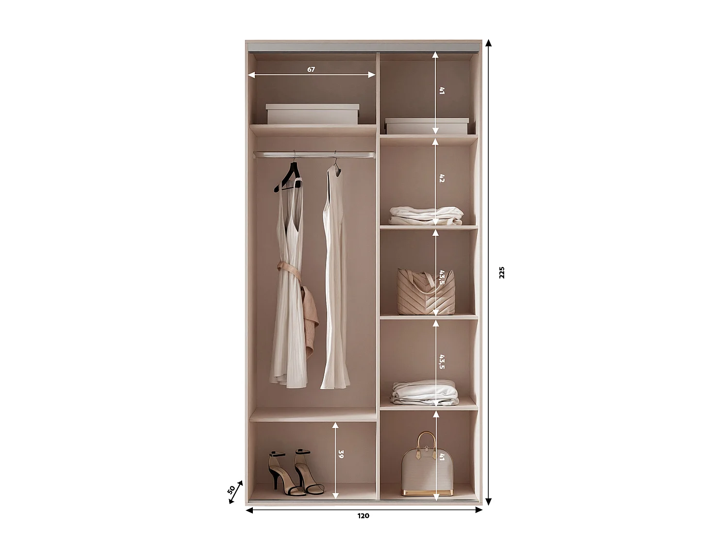 Armoire RAVEN 120 cm Cachemire avec Miroir et détails argentés