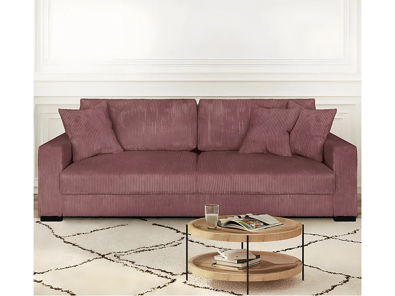 Canapé convertible 3 places en velours côtelé vieux rose avec coffre de rangement - Robin