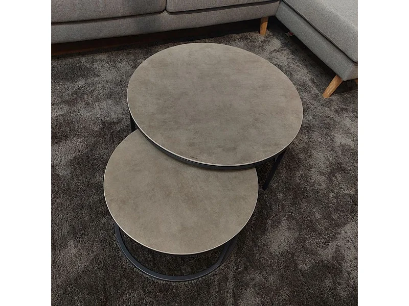 Table basse gigogne ronde en céramique gris et pieds métal - OXY