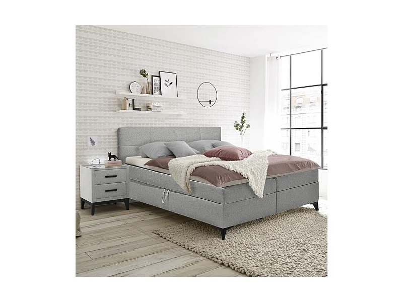 Lit boxspring 160x200 cm tissu gris 2 coffres - AISHA