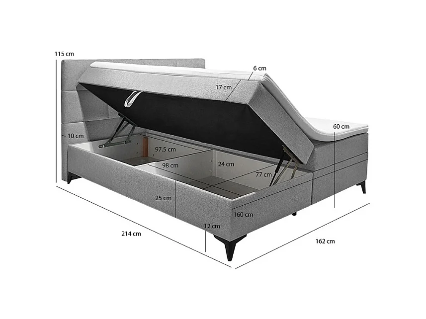 Lit boxspring 160x200 cm tissu gris 2 coffres - AISHA