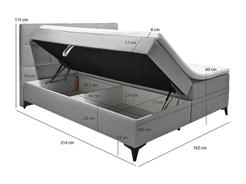 Lit boxspring 160x200 cm tissu gris 2 coffres - AISHA