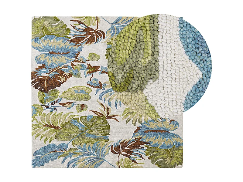 Teppich Wolle bunt Blattmuster 200 x 200 cm handgetuftet Boho Rustikal Kinik
