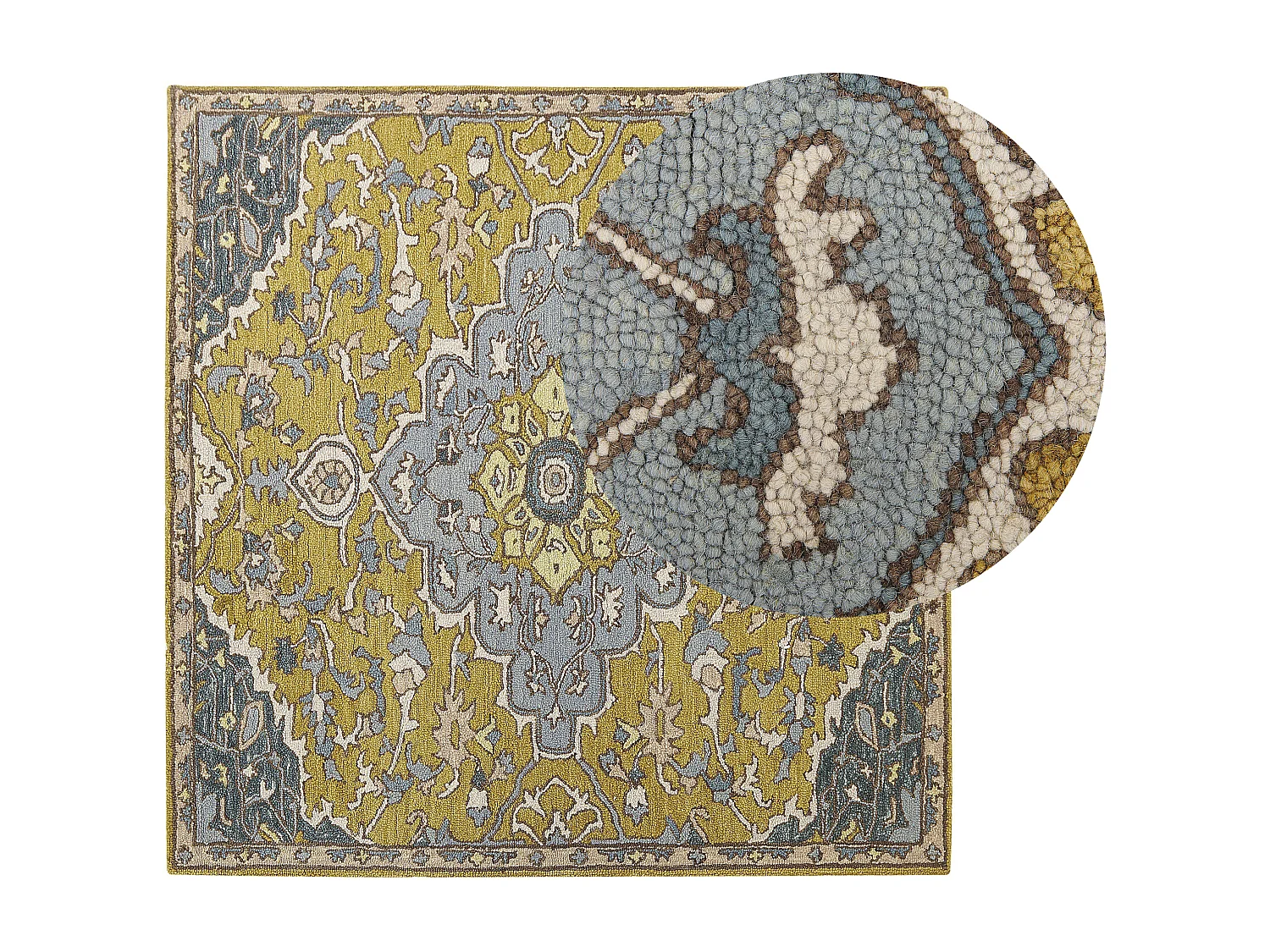 Alfombra de lana amarillo mostaza/azul/marrón/beige claro 200 x 200 cm MUCUR