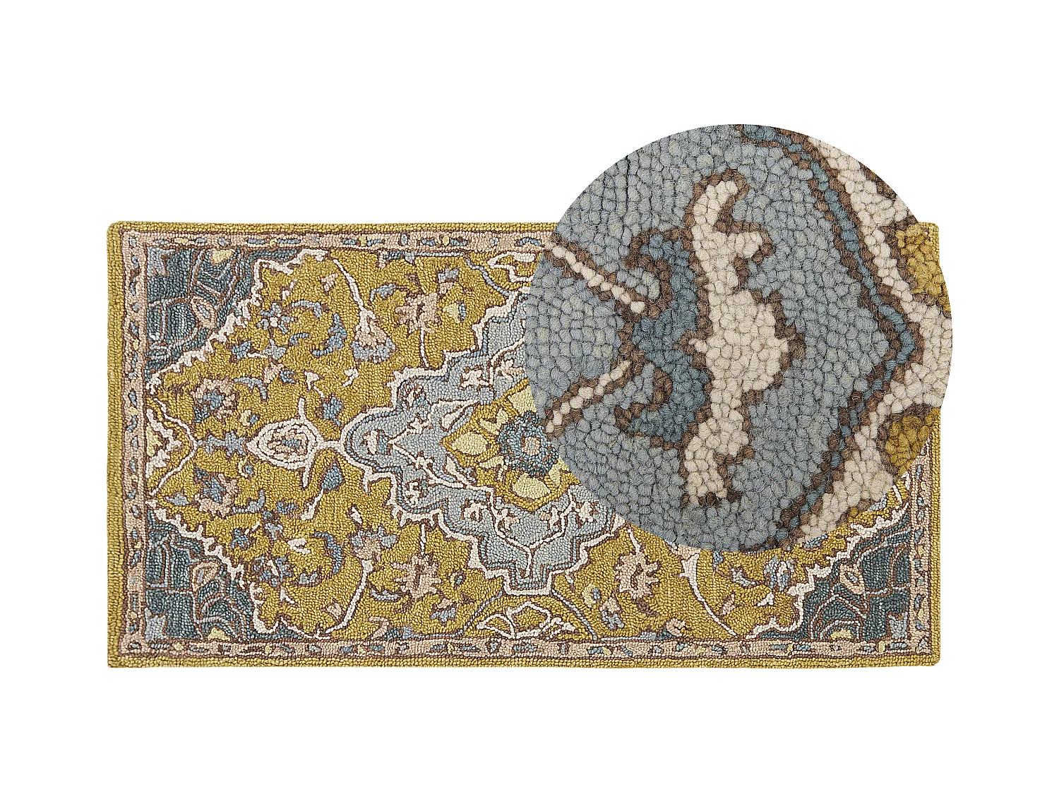 Teppich Wolle gelb / blau 80 x 150 cm orientalisches Muster Kurzflor MUCUR