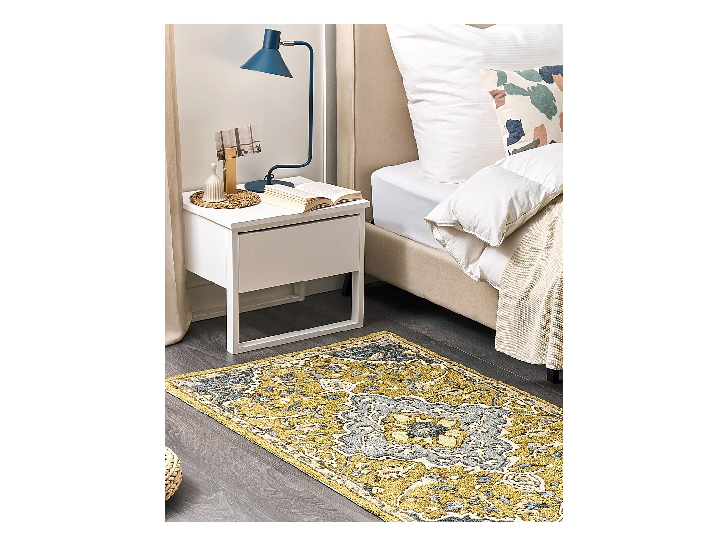 Teppich Wolle gelb / blau 80 x 150 cm orientalisches Muster Kurzflor MUCUR