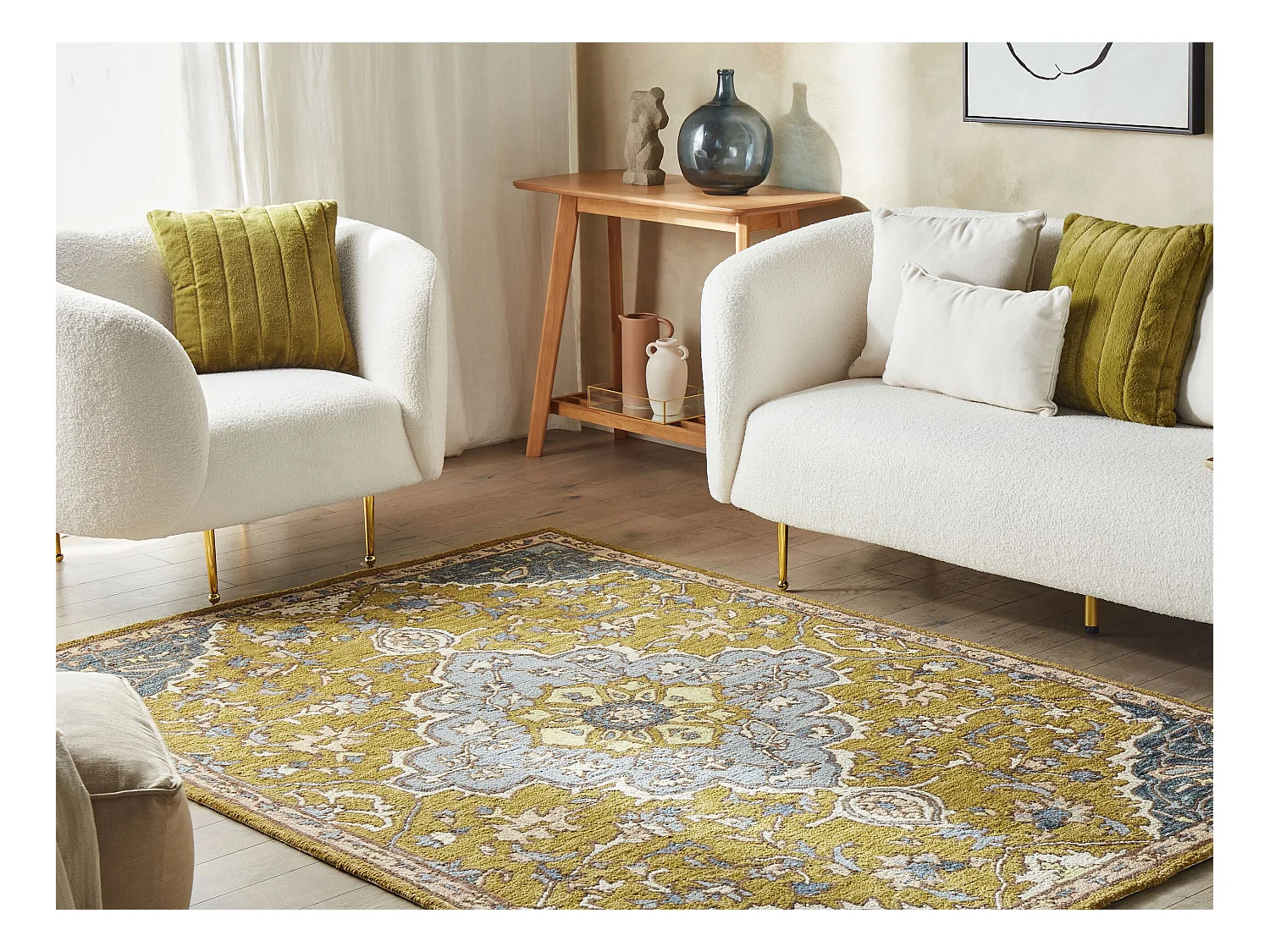 Teppich Wolle gelb / blau 140 x 200 cm orientalisches Muster Kurzflor MUCUR