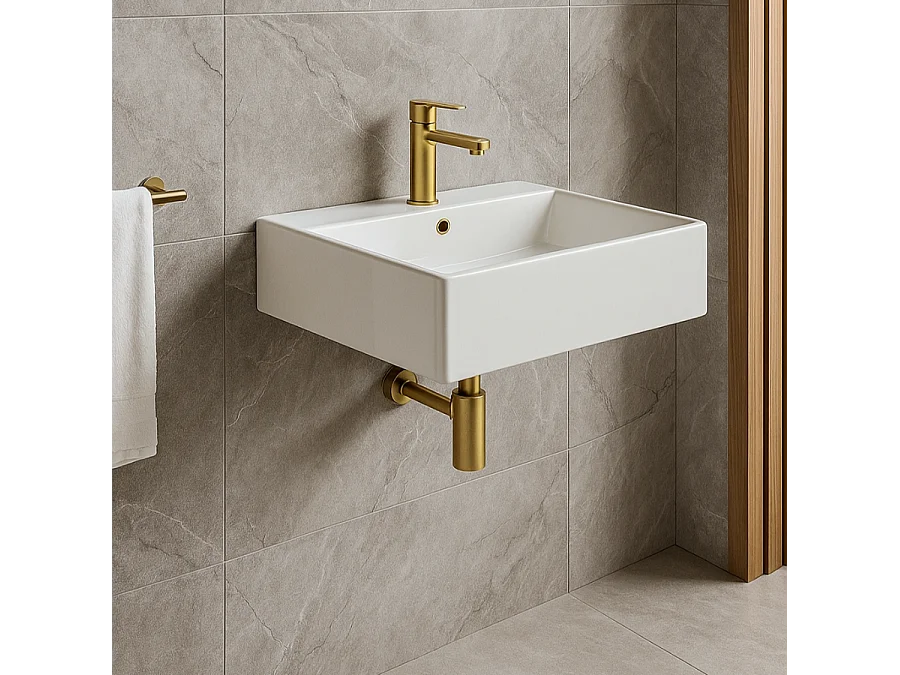 Lavabo blanco brillante sobre encimera cerámico CORRIENTES 53 x 42 cm