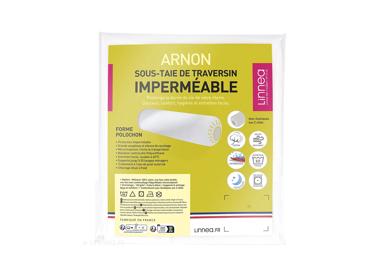 Housse de protection de traversin imperméable 200 cm ARNON molleton coton contrecollé polyuréthane