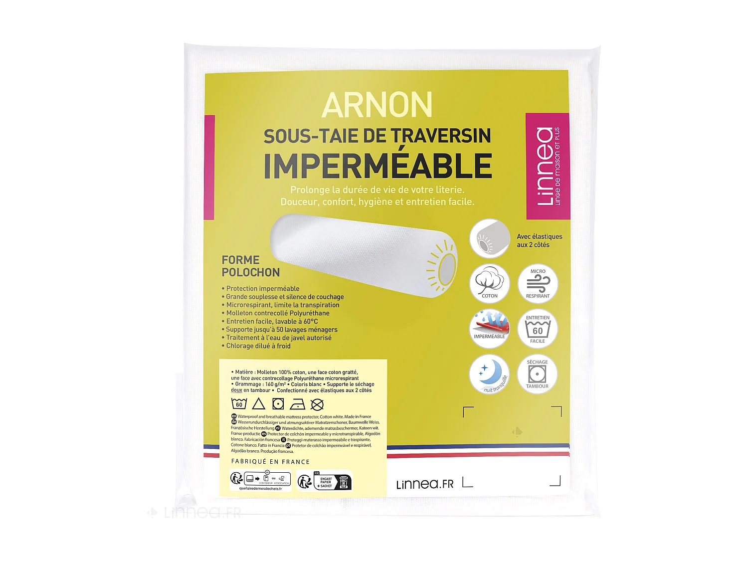 Housse de protection de traversin imperméable ARNON 200 cm molleton contrecollé polyuréthane