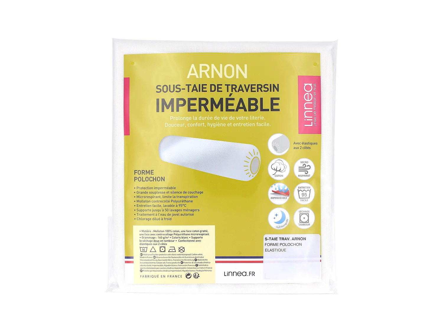 Housse de protection de traversin imperméable 160 cm ARNON molleton coton contrecollé polyuréthane