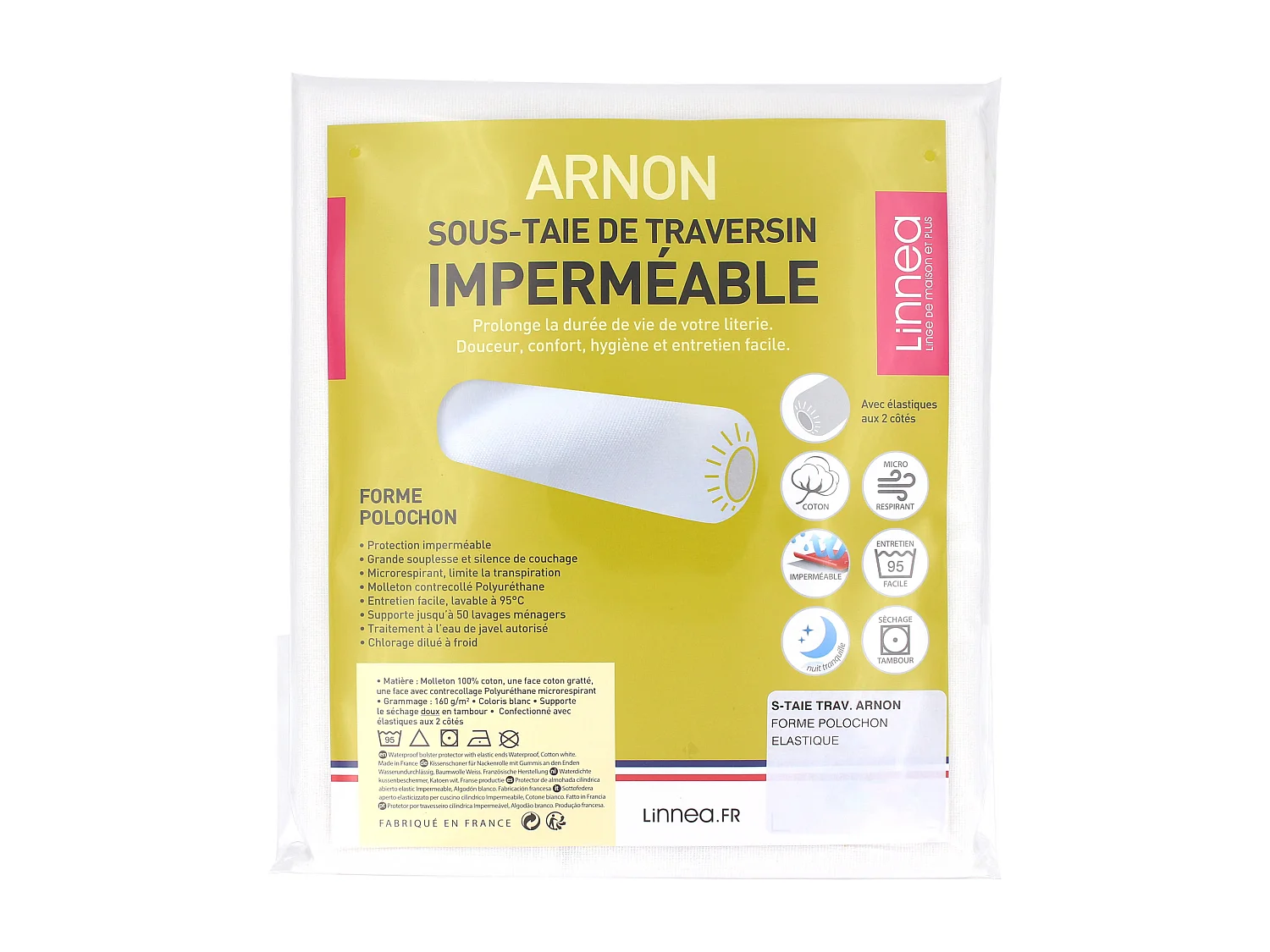 Housse de protection de traversin imperméable ARNON 160 cm molleton contrecollé polyuréthane