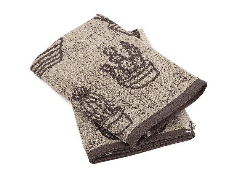 Lot de 2 torchons de cuisine éponge 50x50 cm coton CACTUS marron