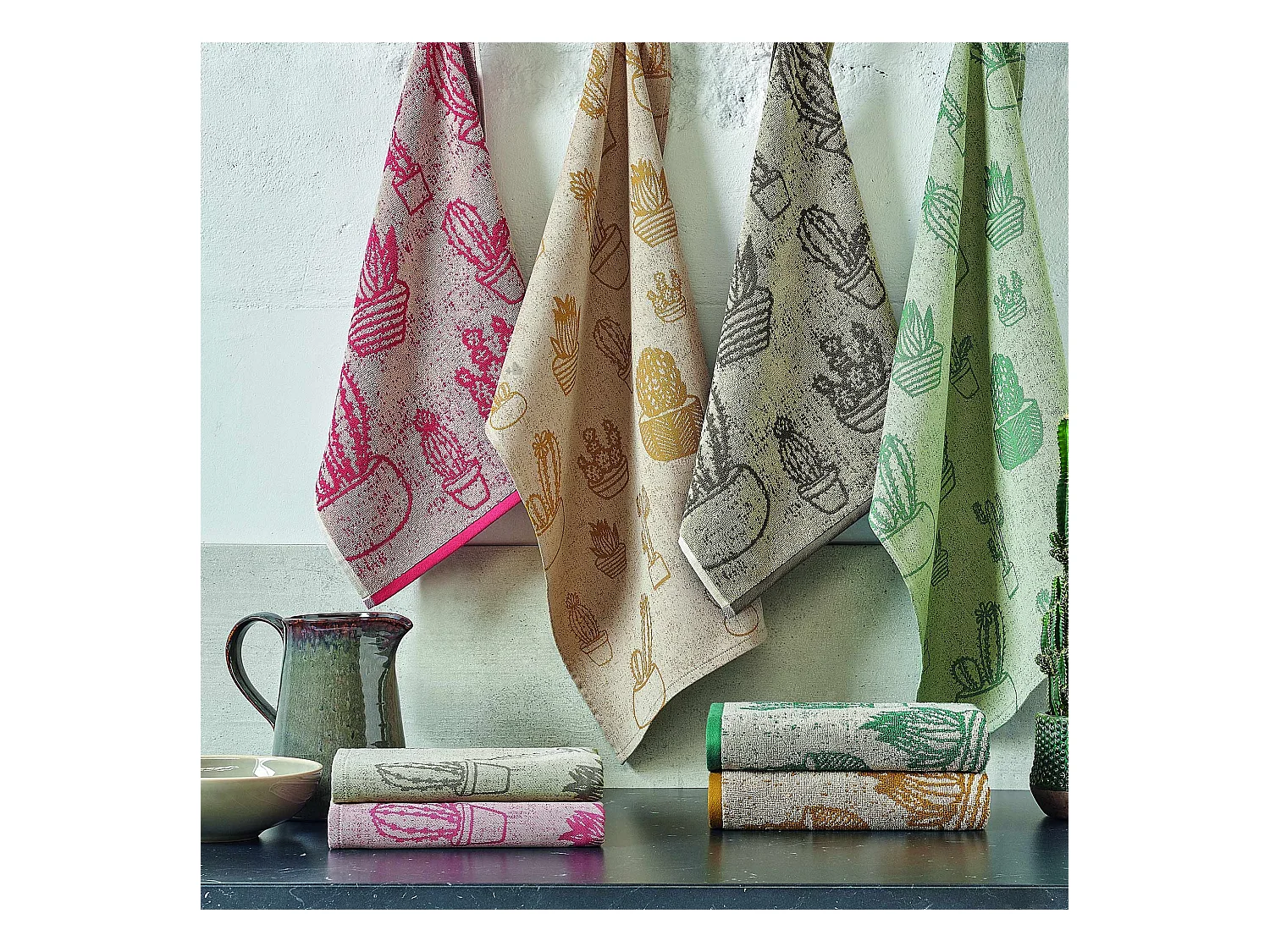 Lot de 2 torchons de cuisine toile 50x70 cm coton CACTUS marron