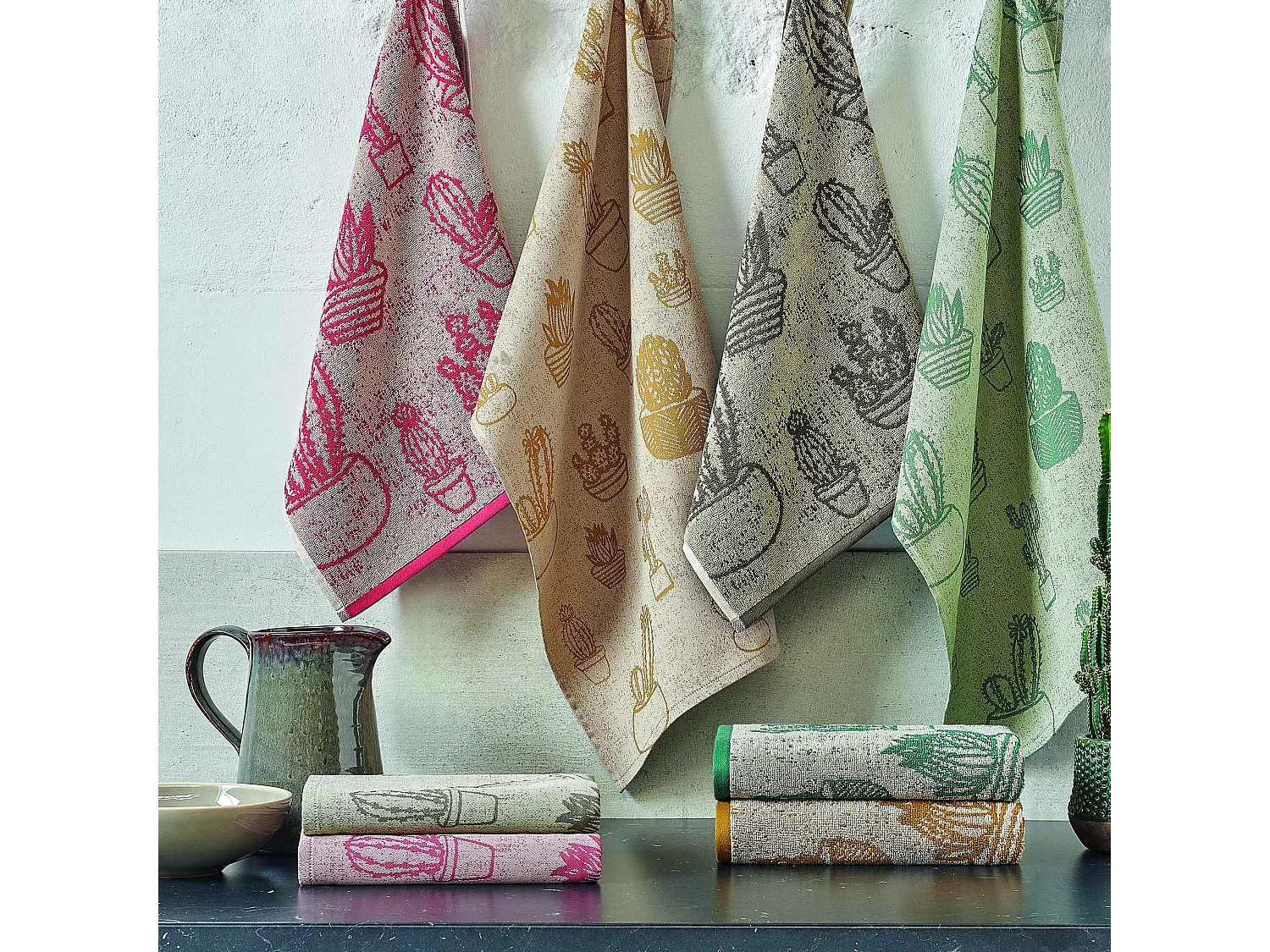 Lot de 2 torchons de cuisine toile 50x70 cm coton CACTUS marron