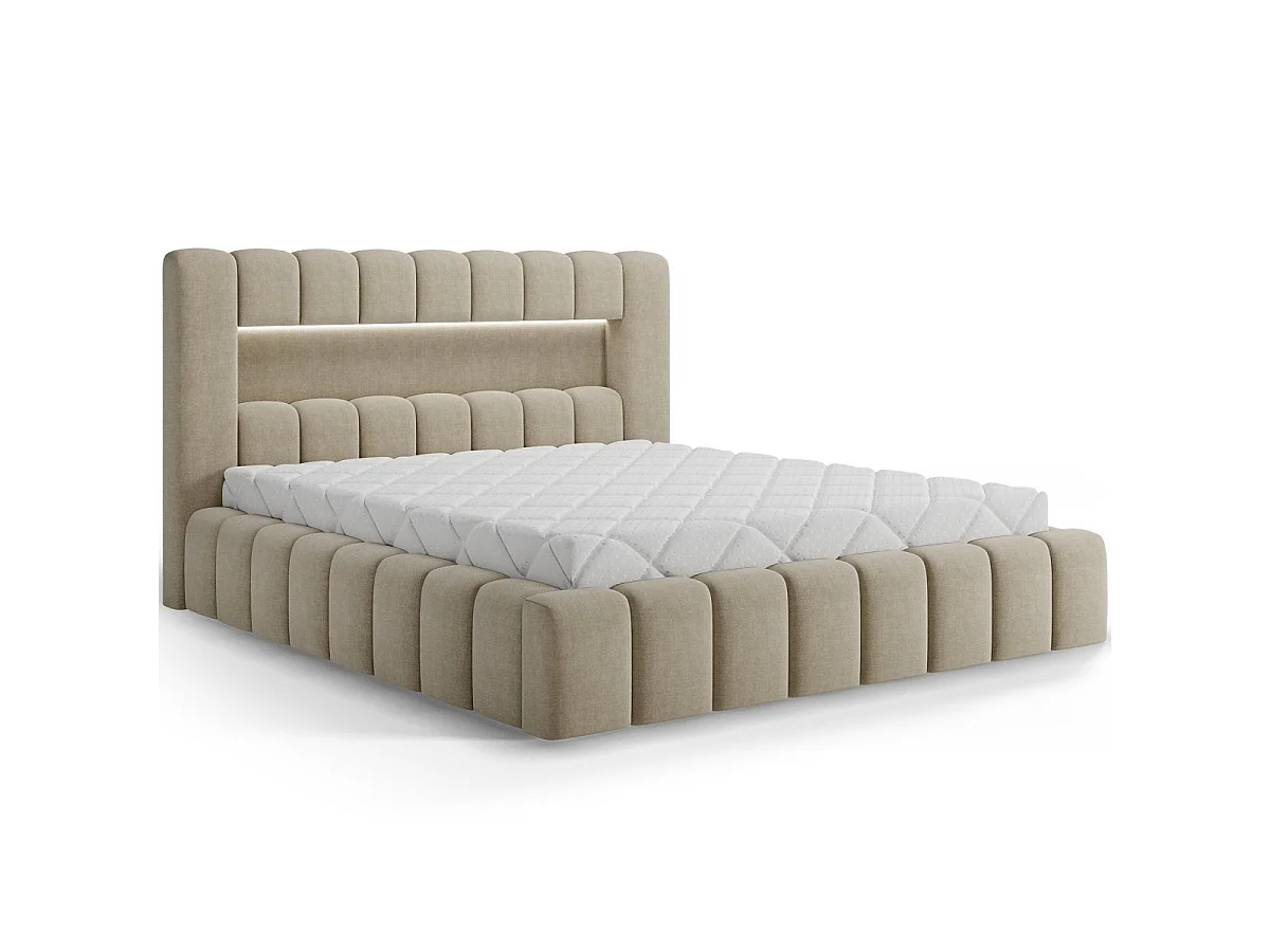 180x200 Storage Bed with Mattress Base and LED Lights Included—Auria Beige Velvet