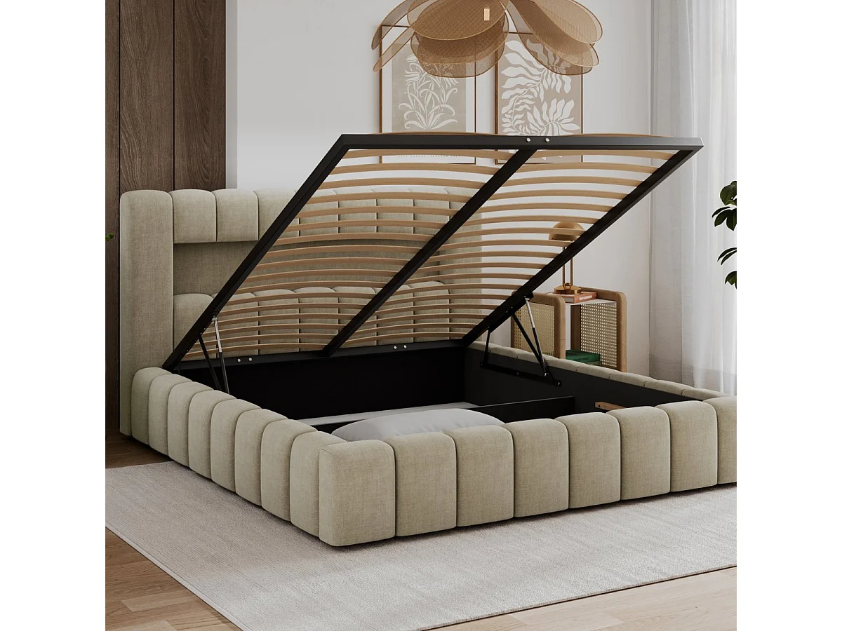 180x200 Storage Bed with Mattress Base and LED Lights Included—Auria Beige Velvet