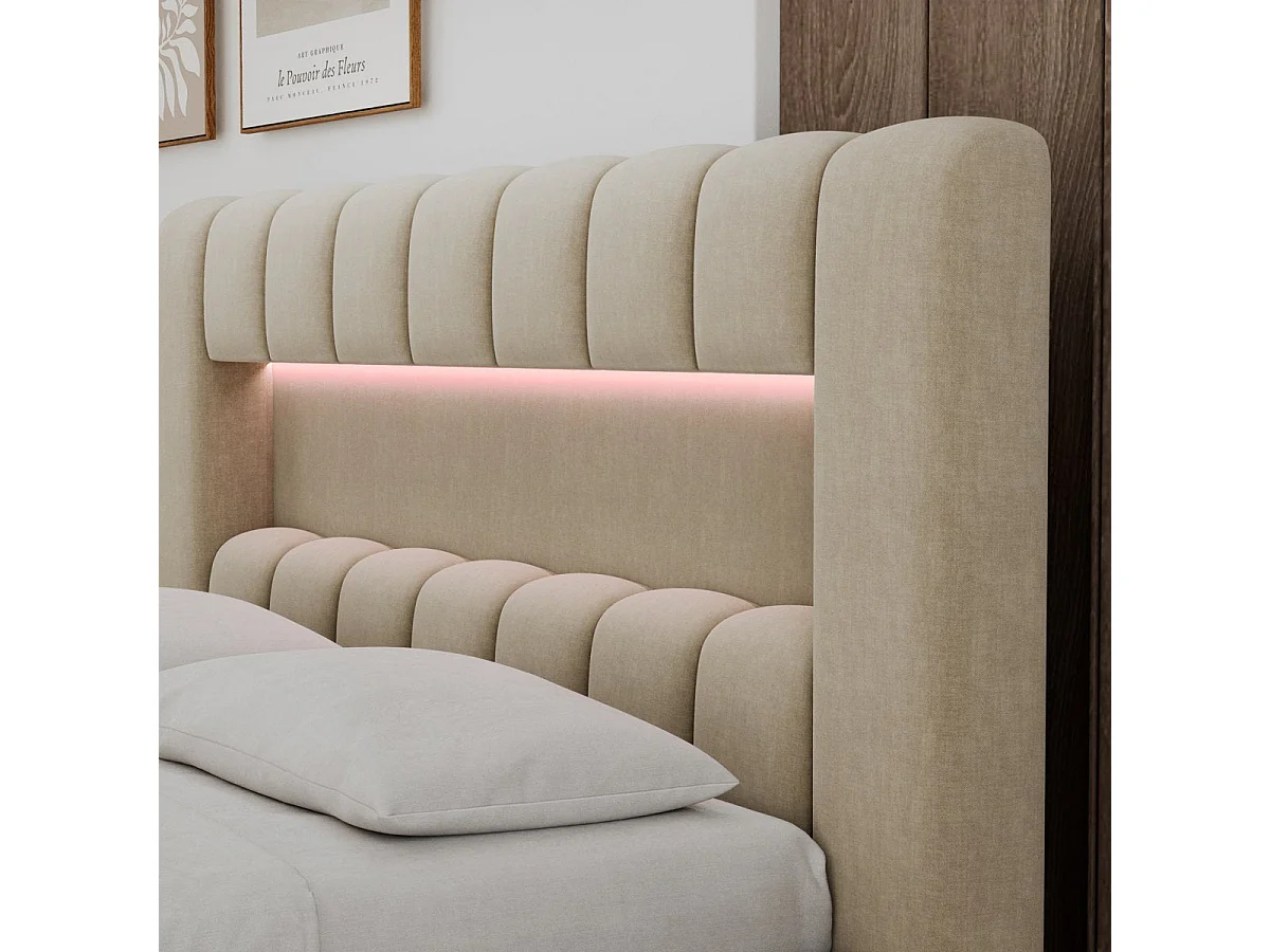 Posteľ s úložným priestorom 160 × 200, vrátane roštu a LED osvetlenia, Auria, béžový zamat