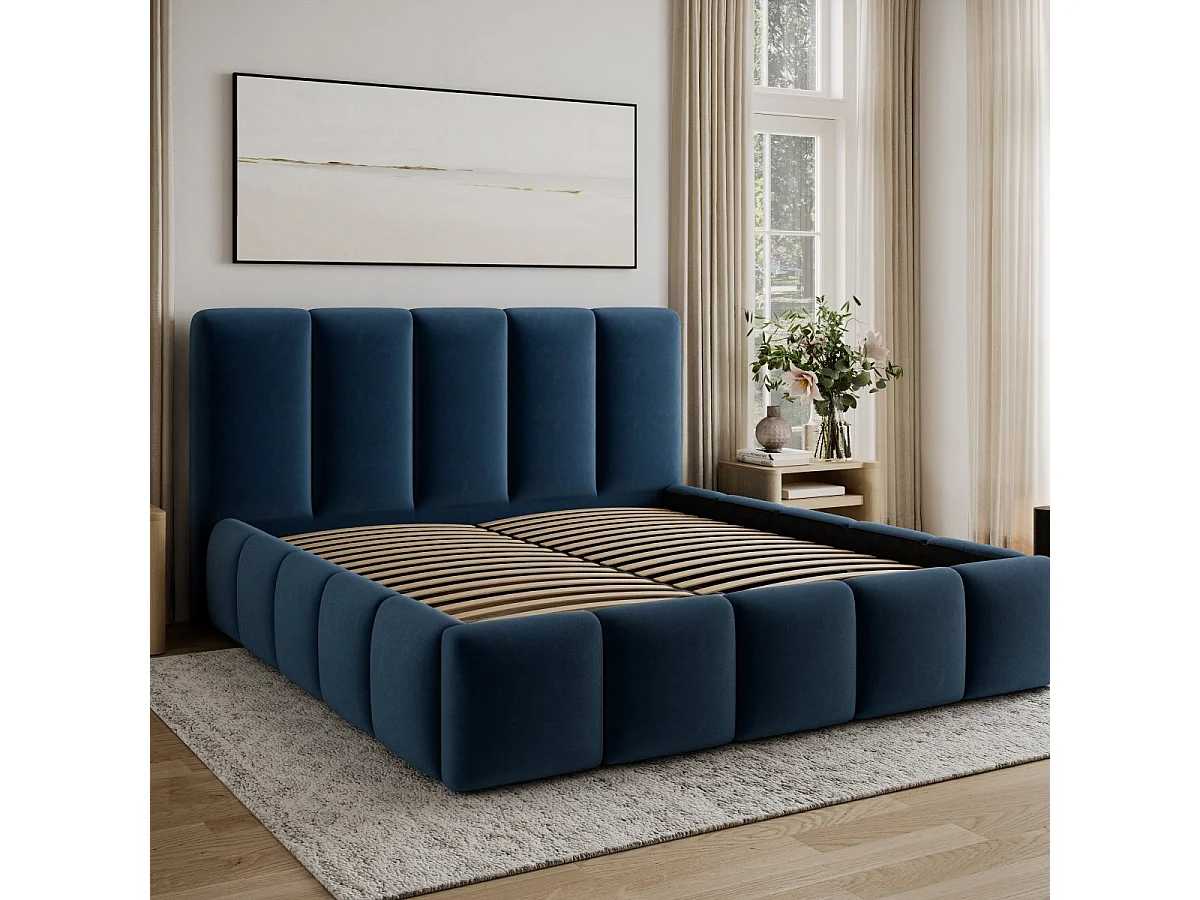 Lit 160x200 sommier inclus Klaus Velours Bleu foncé