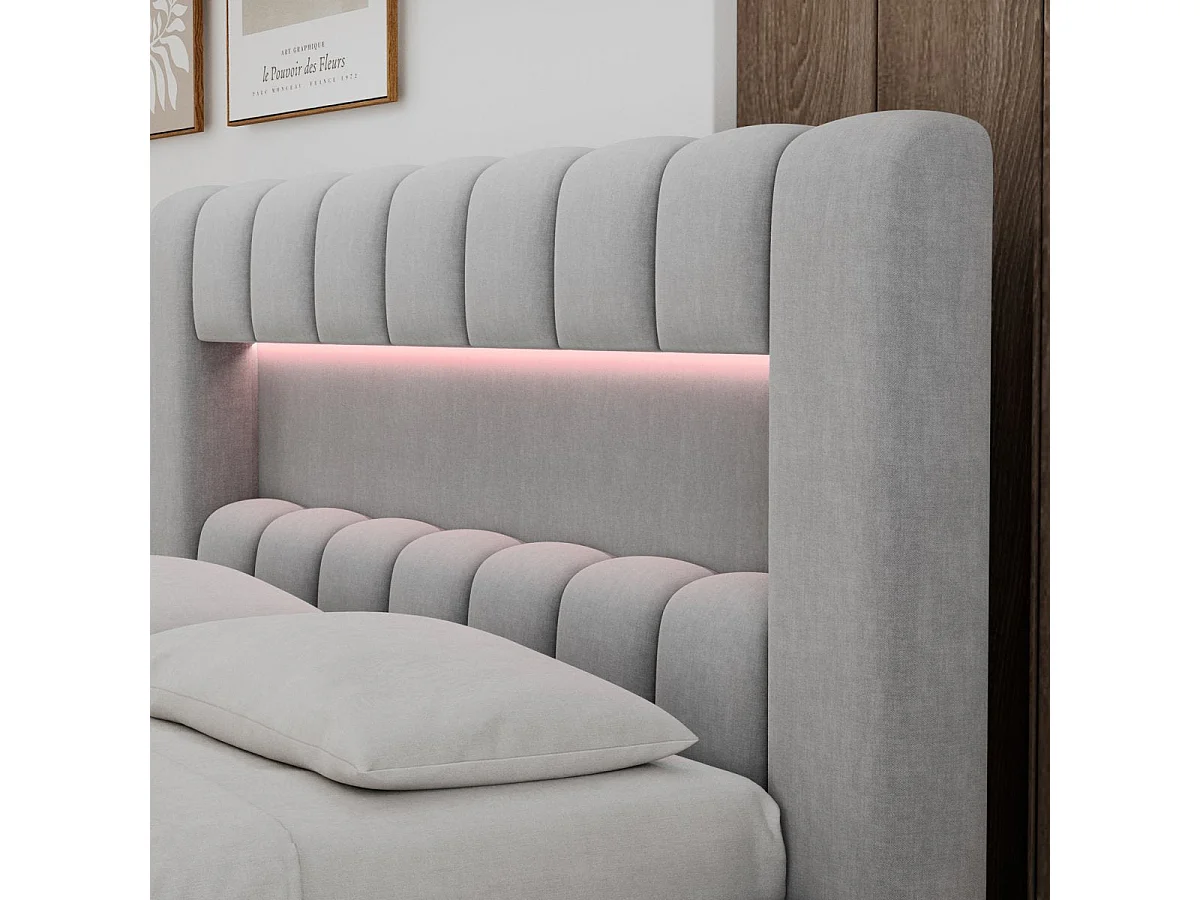 Letto contenitore 180x200 con rete e luci LED incluse, modello Auria, in velluto grigio chiaro