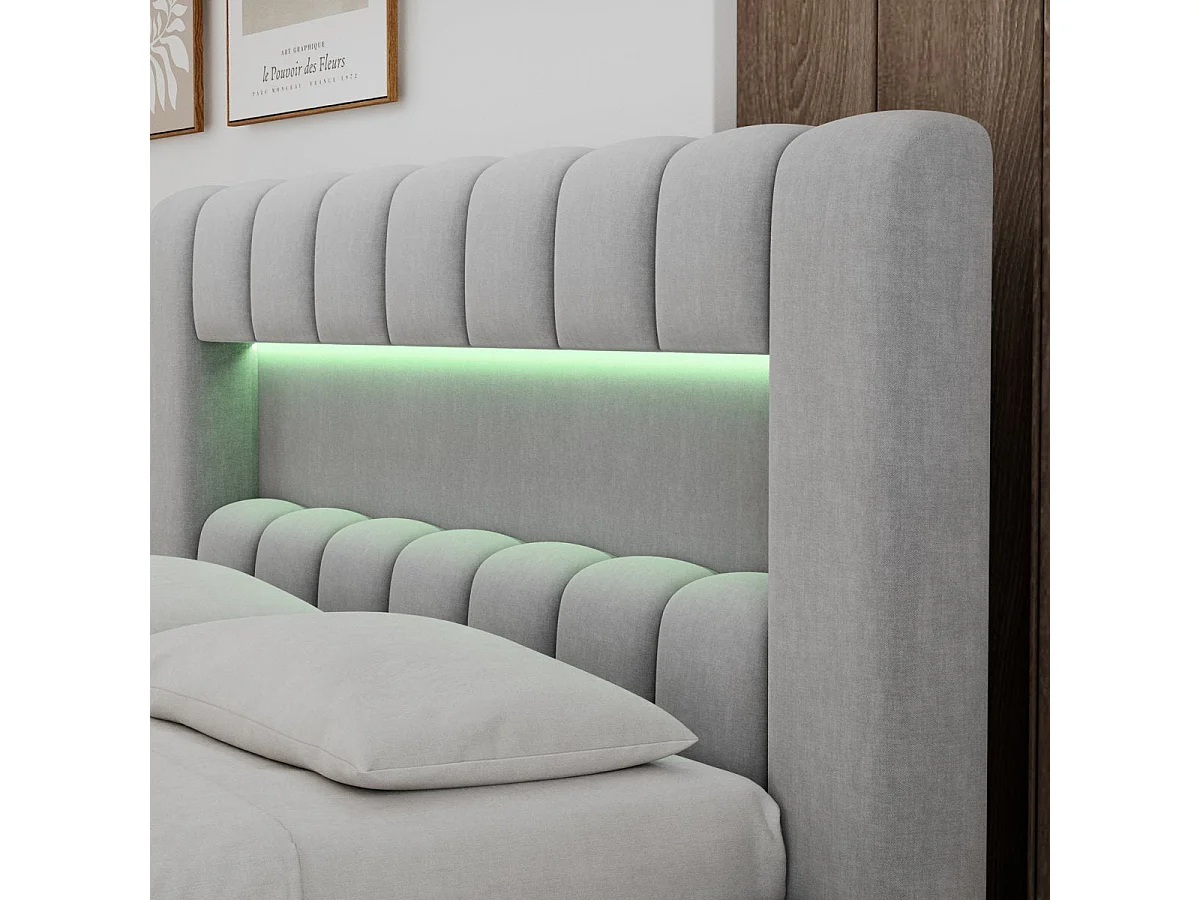 Letto contenitore 180x200 con rete e luci LED incluse, modello Auria, in velluto grigio chiaro