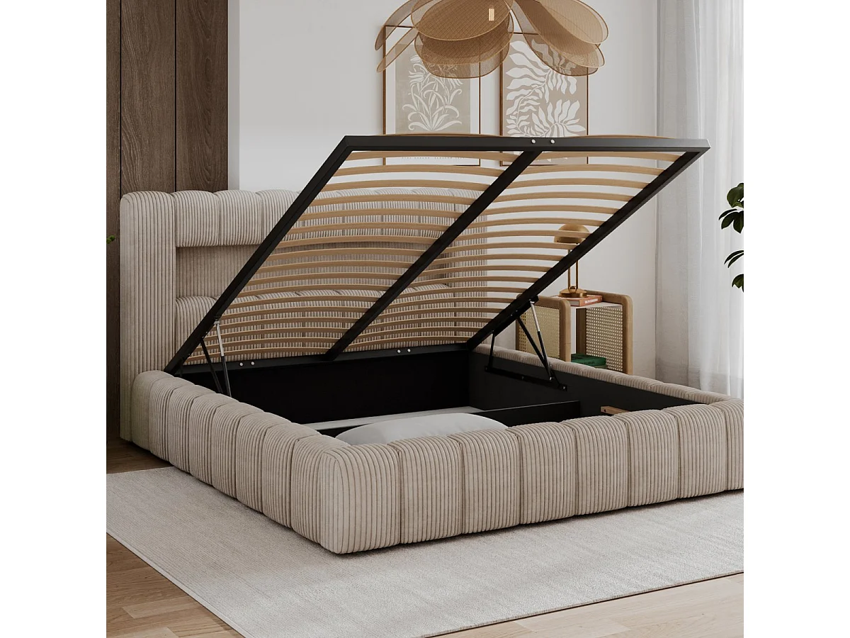 Lit coffre 160x200 sommier et LED inclus Auria Velours côtelé Beige