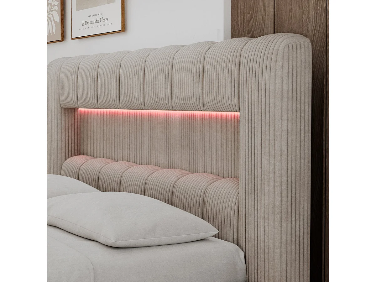 Lit coffre 160x200 sommier et LED inclus Auria Velours côtelé Beige