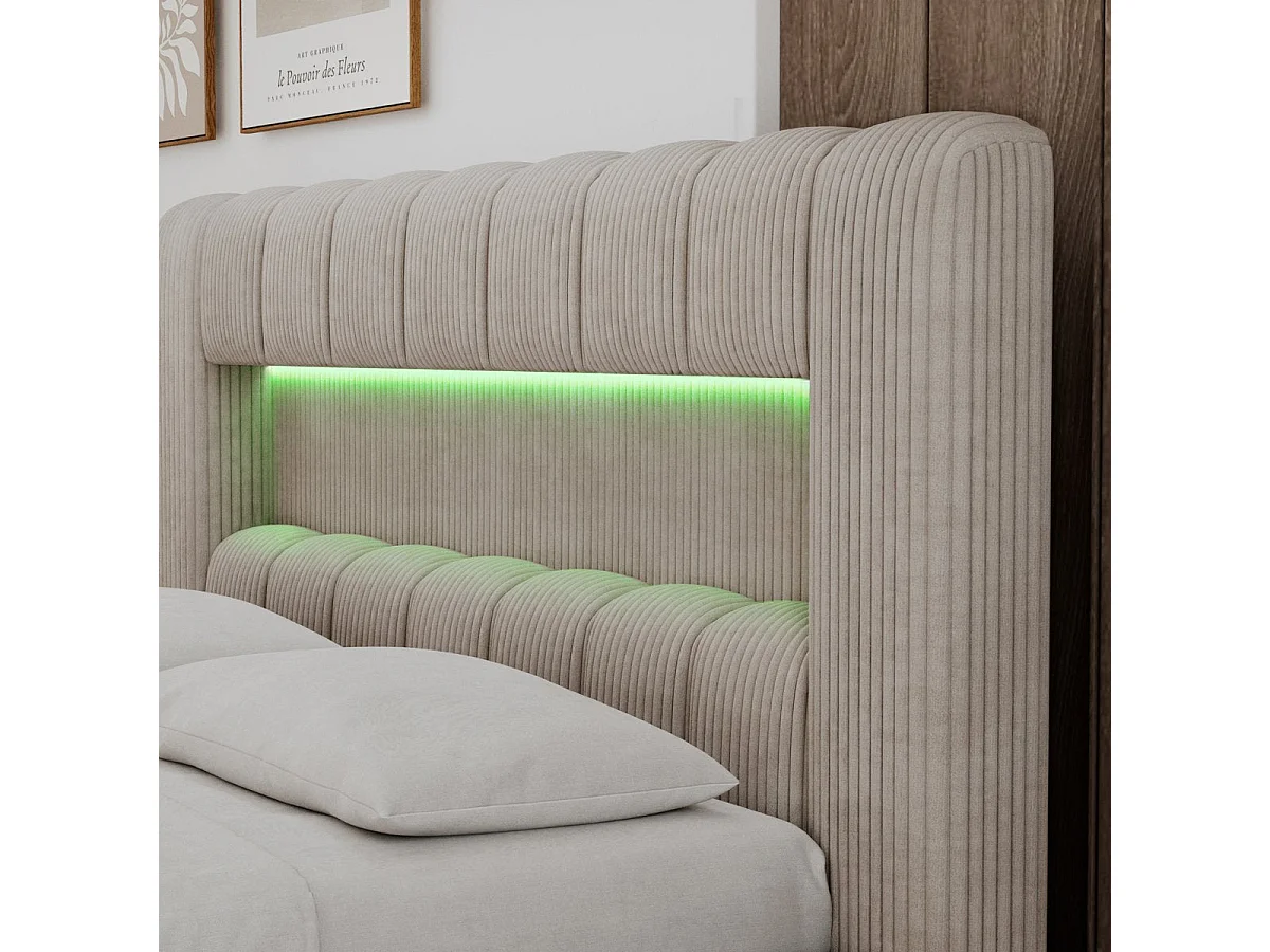 Lit coffre 160x200 sommier et LED inclus Auria Velours côtelé Beige