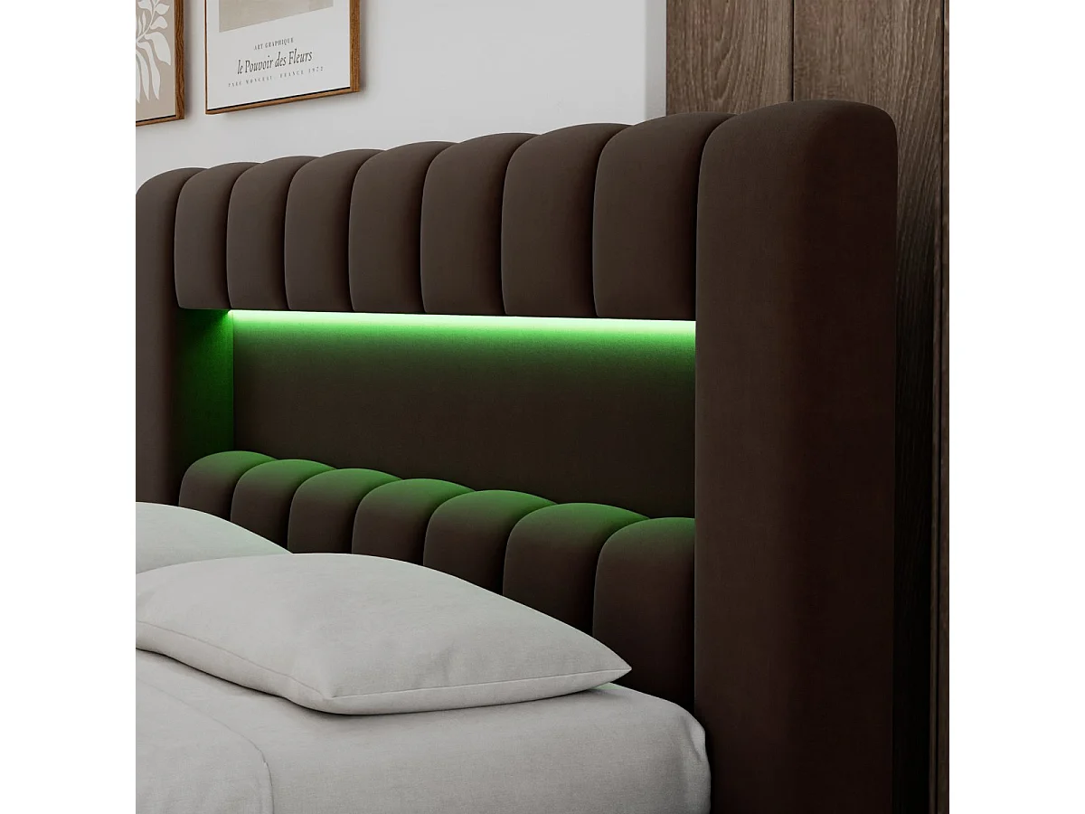 Posteľ s úložným priestorom 140x200 vrátane roštu a LED osvetlenia Auria, tmavohnedý zamat