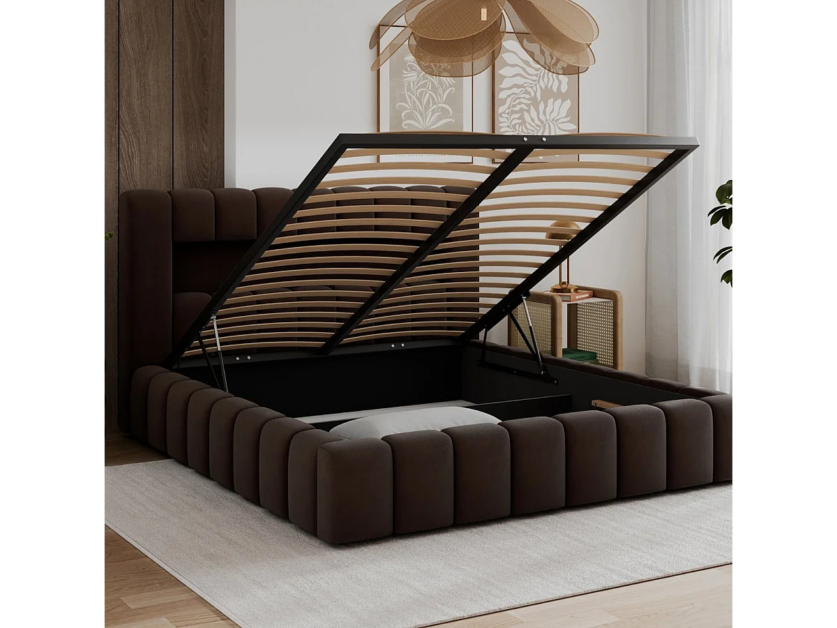 Lit coffre 160x200 sommier et LED inclus Auria Velours Marron foncé