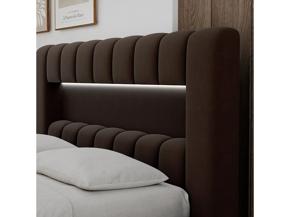 Lit coffre 160x200 sommier et LED inclus Auria Velours Marron foncé