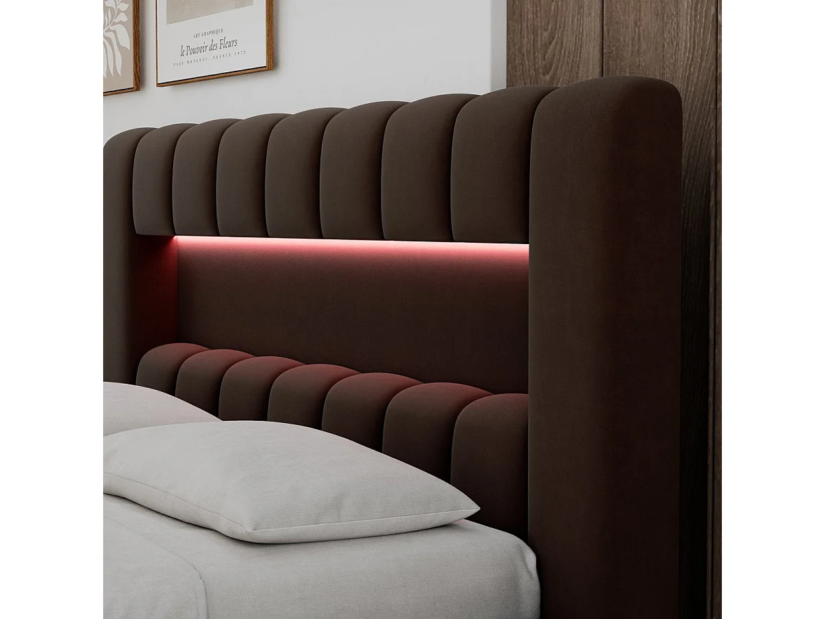 Lit coffre 160x200 sommier et LED inclus Auria Velours Marron foncé
