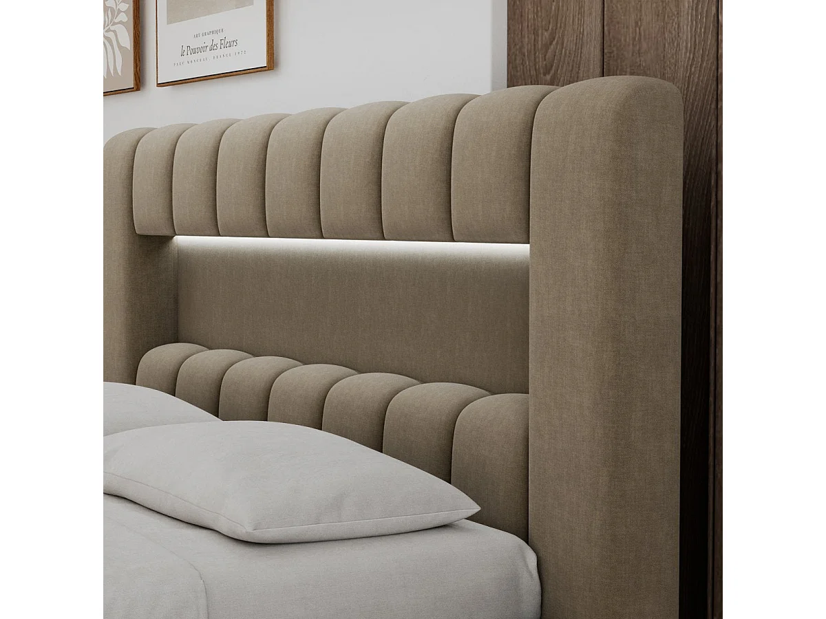 140x200 Storage Bed with Mattress Base and LED Lights Included—Auria Brown Velvet