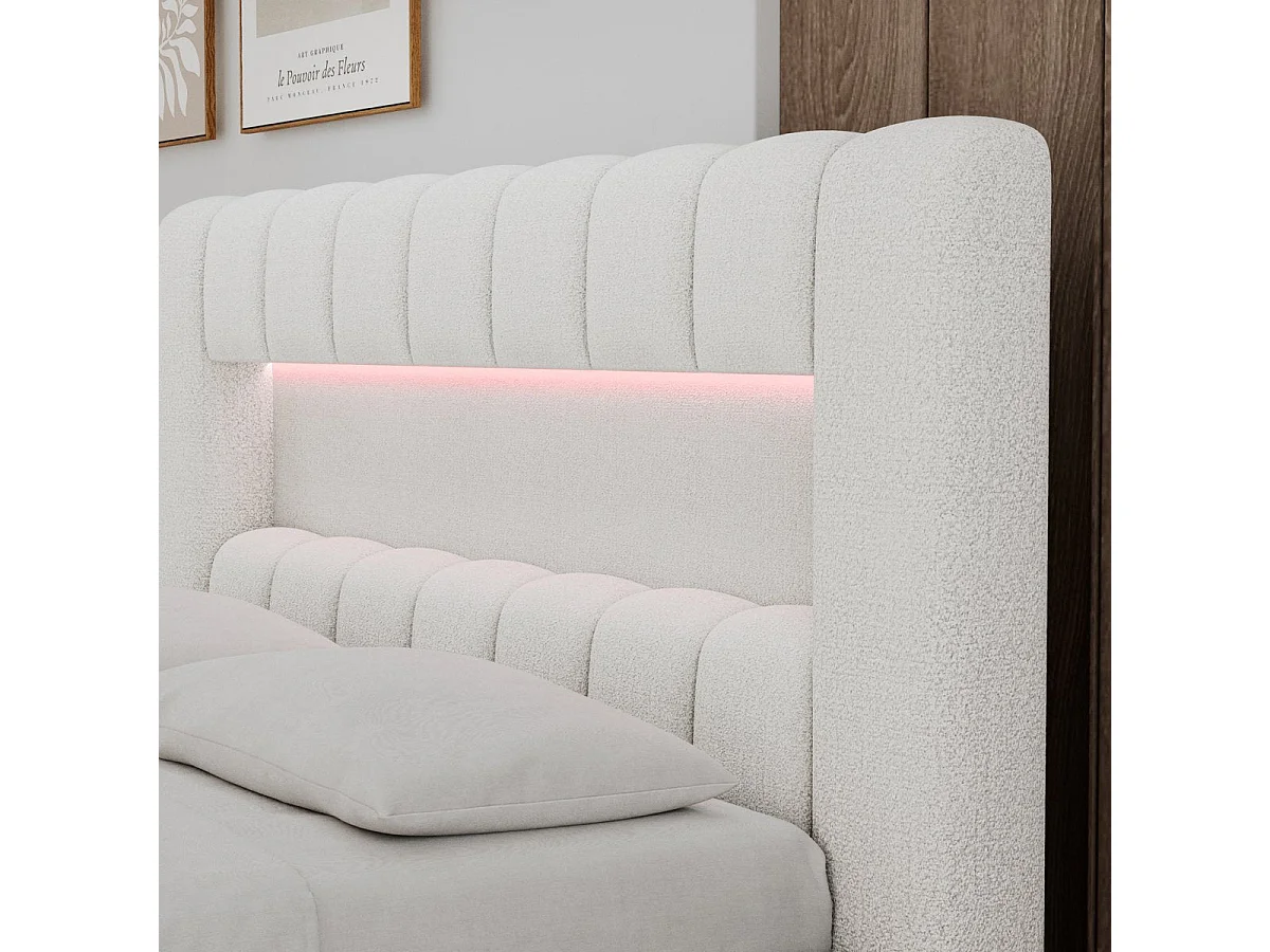 Cama com arrumação 160x200 base e LED incluídos Auria Texturizado Branco
