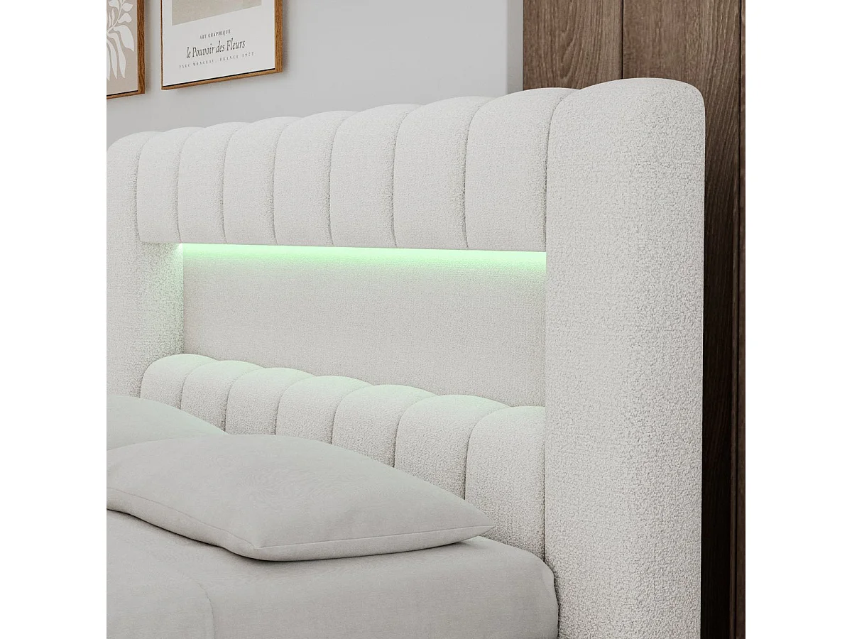 Cama com arrumação 160x200 base e LED incluídos Auria Texturizado Branco