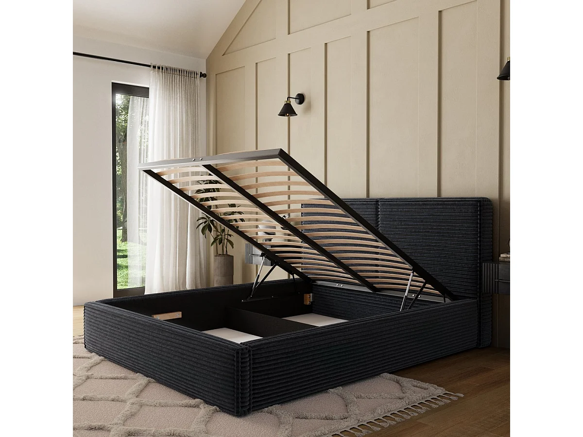 Cama com arrumação 160x200, com base incluída, Nox, veludo canelado preto