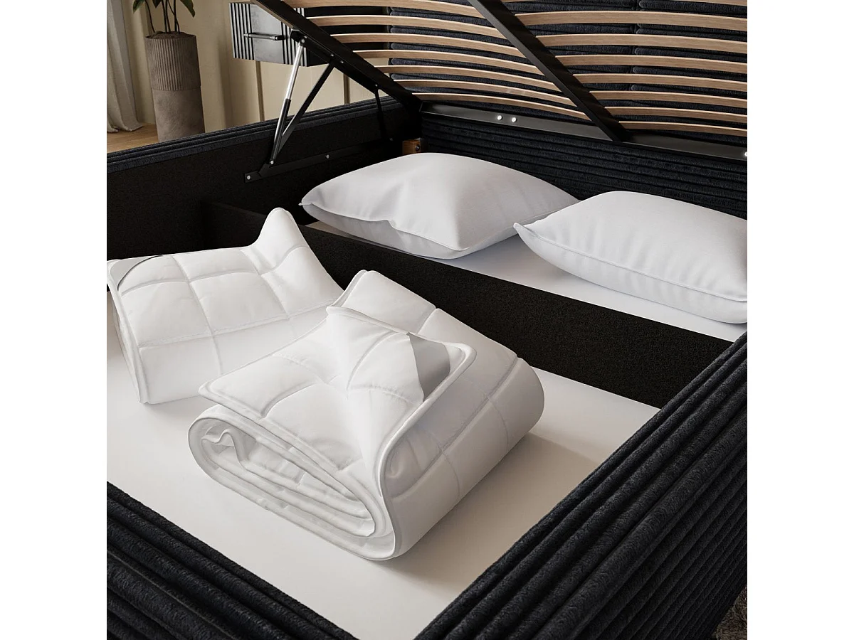 Cama com arrumação 160x200, com base incluída, Nox, veludo canelado preto