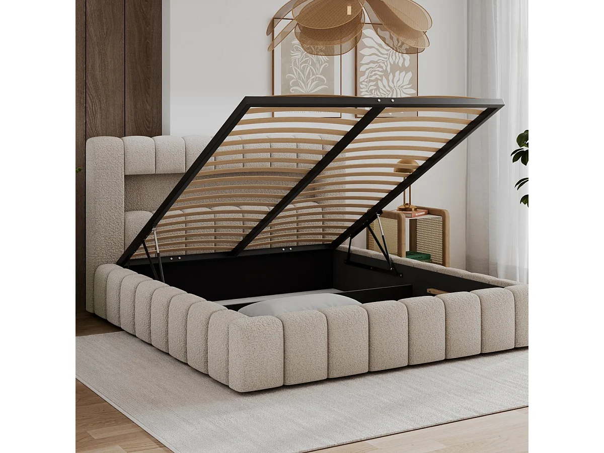 180x200 Storage Bed with Mattress Base and LED Lights Included—Auria Textured Beige