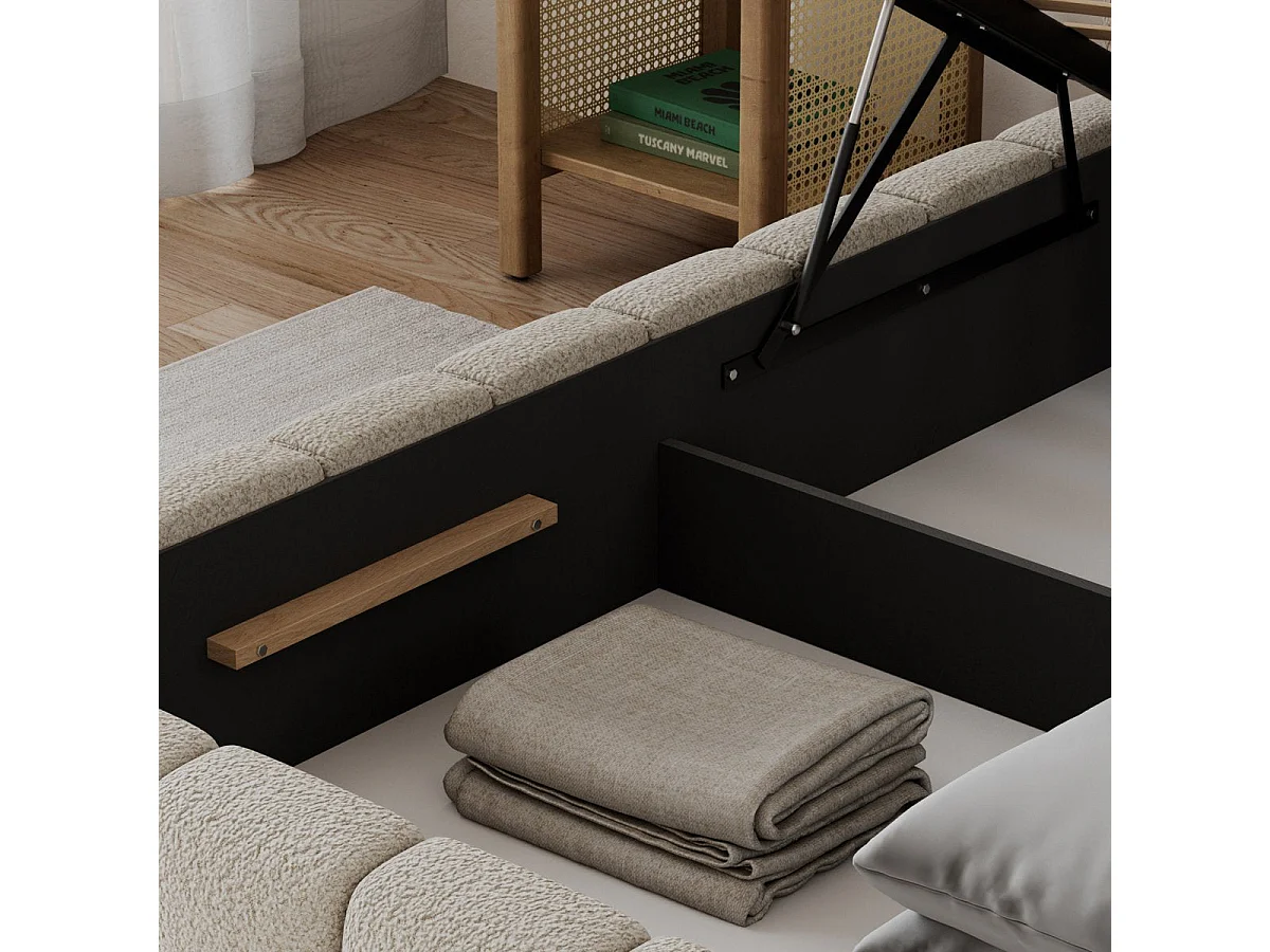 180x200 Storage Bed with Mattress Base and LED Lights Included—Auria Textured Beige