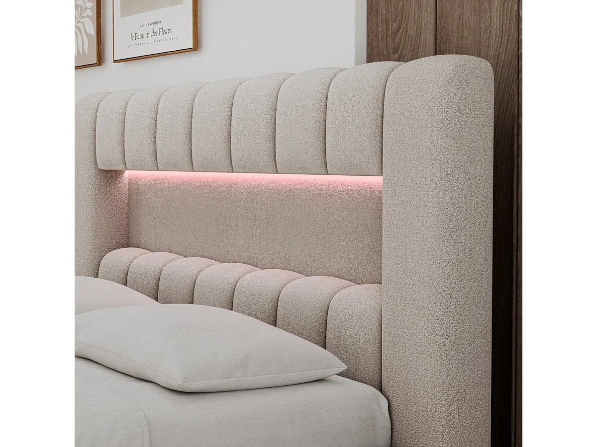 180x200 Storage Bed with Mattress Base and LED Lights Included—Auria Textured Beige