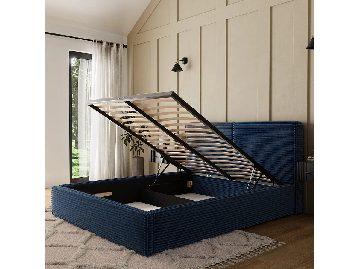 Lit coffre 140x200 sommier inclus Nox Velours côtelé Bleu foncé