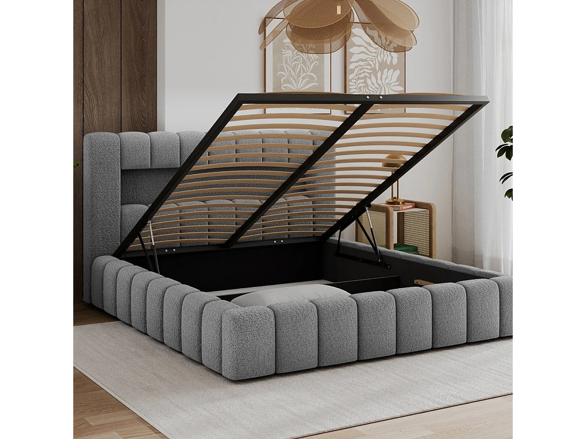 180x200 Storage Bed with Box Spring and LED Lighting Included—Auria Textured Gray