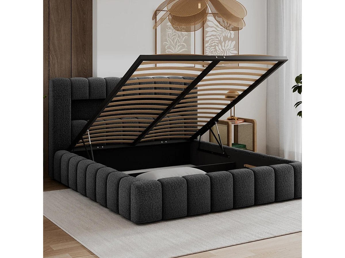 Letto contenitore 180x200 con rete e luci LED incluse, modello Auria, finitura testurizzata grigio scuro
