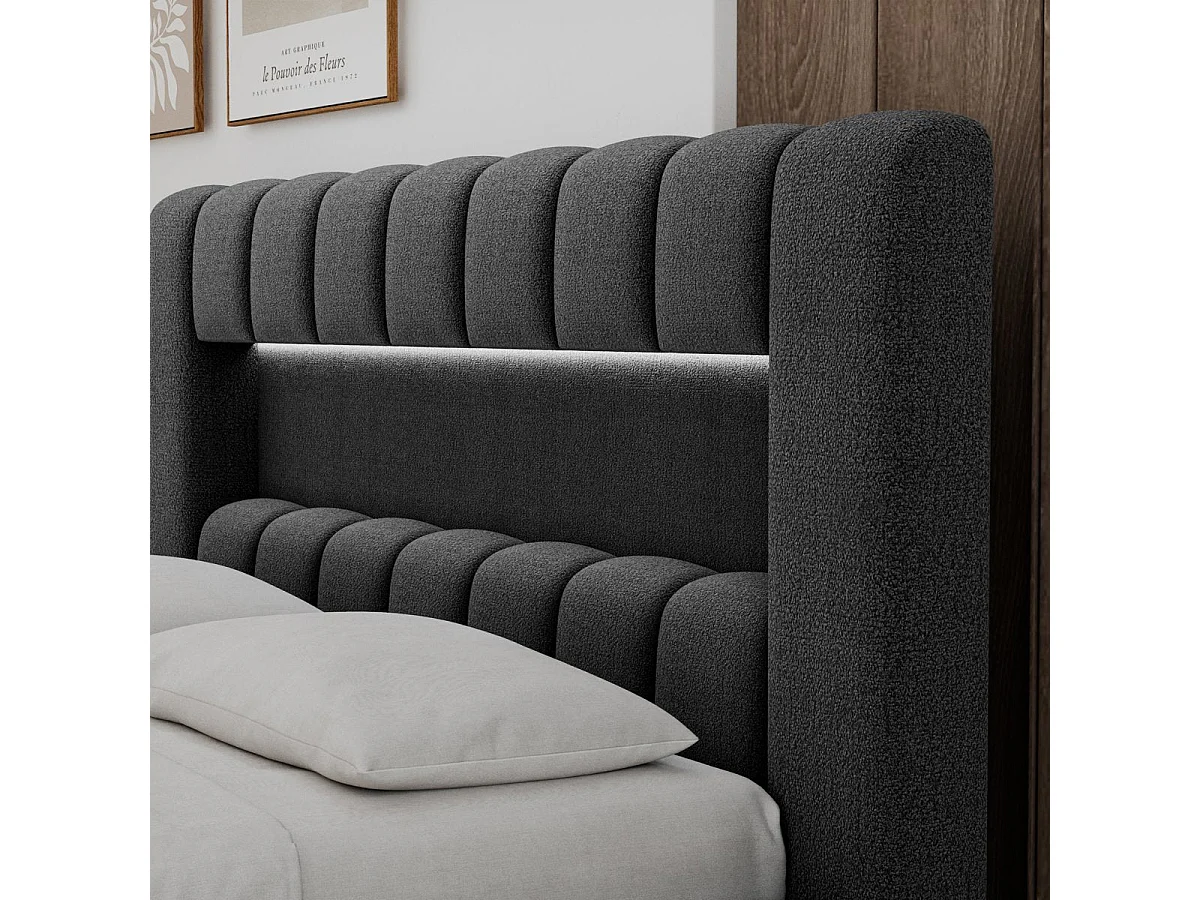 Letto contenitore 180x200 con rete e luci LED incluse, modello Auria, finitura testurizzata grigio scuro