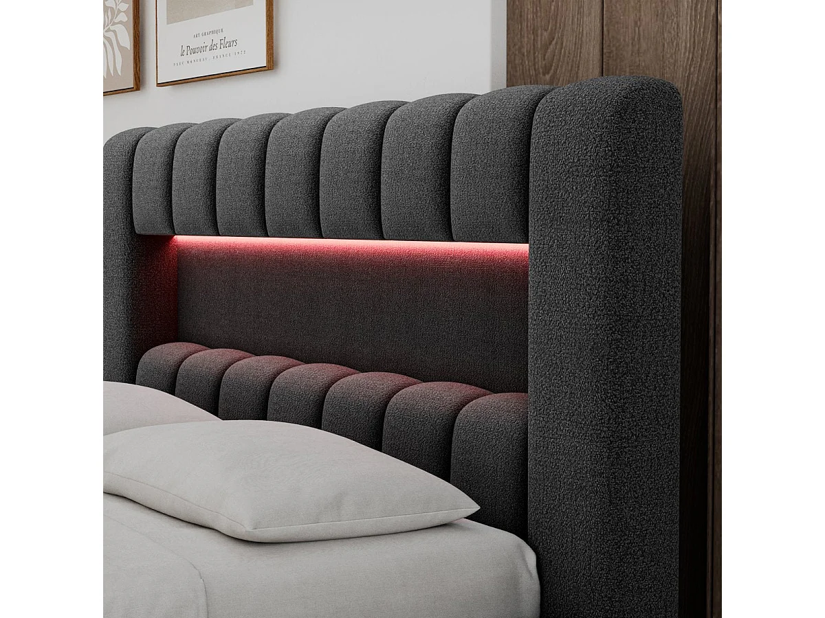 Letto contenitore 180x200 con rete e luci LED incluse, modello Auria, finitura testurizzata grigio scuro