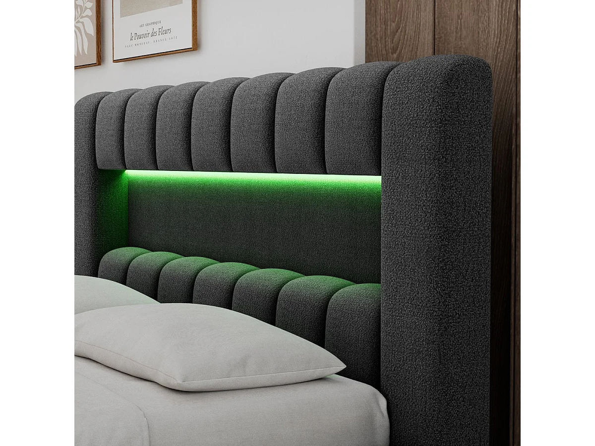 Letto contenitore 180x200 con rete e luci LED incluse, modello Auria, finitura testurizzata grigio scuro