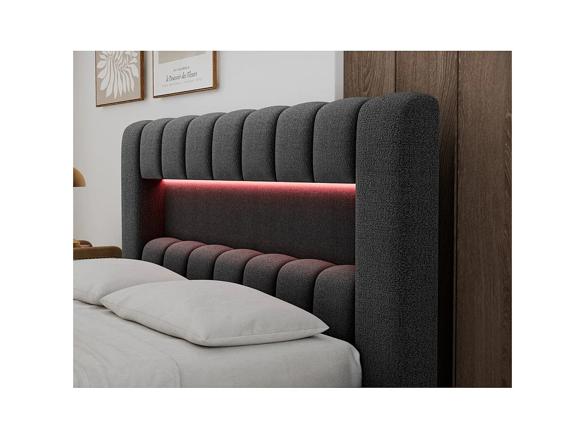 Letto contenitore 140x200 con rete e luci LED incluse, modello Auria, finitura testurizzata grigio scuro